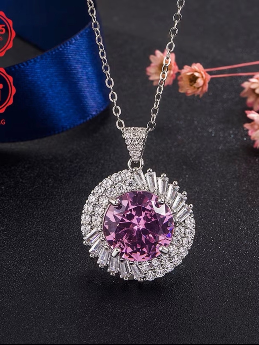 Silver Necklace with Purple Crystal Halo Pendant